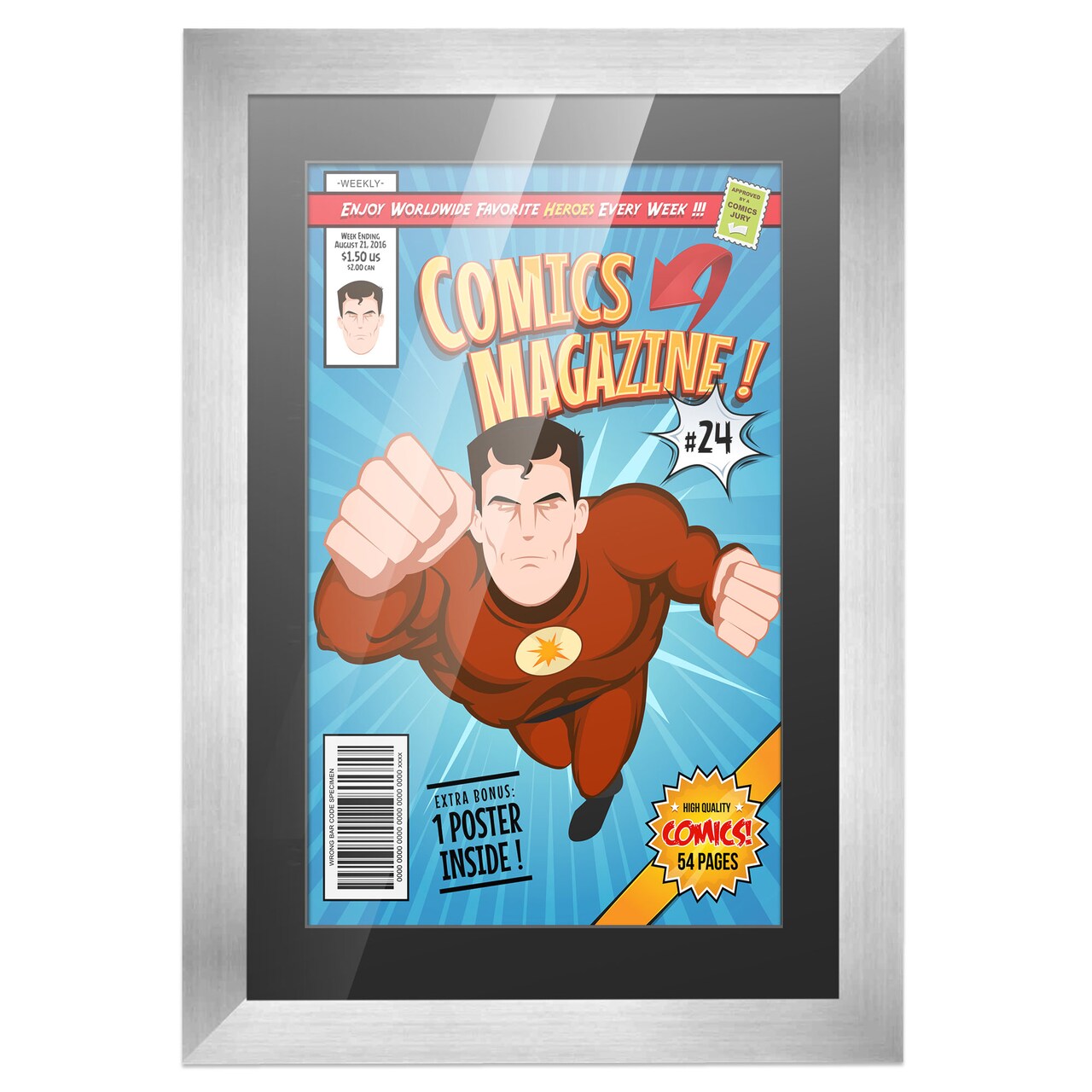 Comic Book Display Frame for Golden Age Comics Published Between 1938 and 1956 - Silver Wood Comic Frame With Black Mat for 7.75x10.5 Comic, 18 Frame Sizes